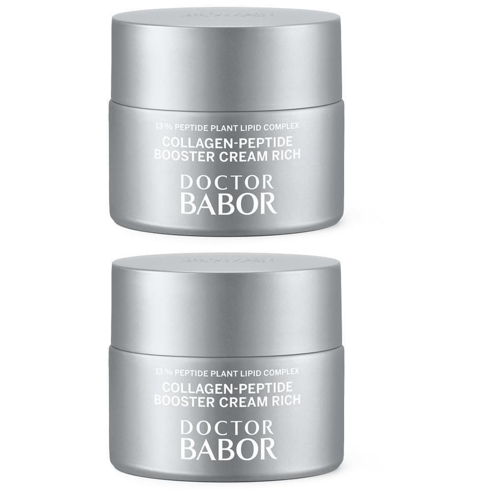 Deux pots argentés avec couvercles. Inscription: Collagen-Peptide Booster Cream Rich, Doctor Babor.