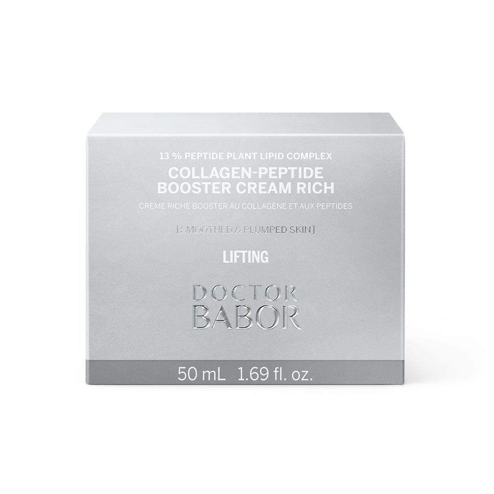 Emballage carré argenté. Inscription: Collagen-Peptide Booster Cream Rich, Doctor Babor. Volume: 50 ml.