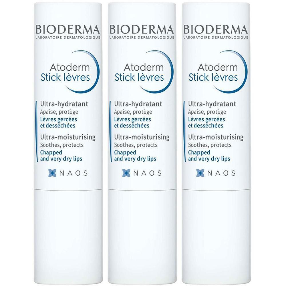 Trois sticks lèvres blancs. Inscription: Bioderma, Atoderm Stick lèvres, Ultra-hydratant, Apaise, protège, Lèvres gercées et desséchées.