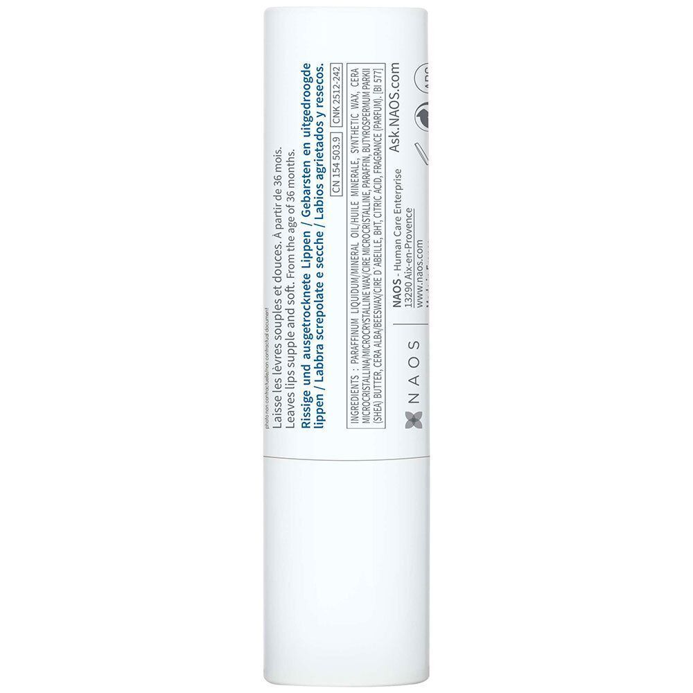 Stick à lèvres blanc. Dos avec texte multilingue. Ingrédients, logo NAOS et coordonnées.
