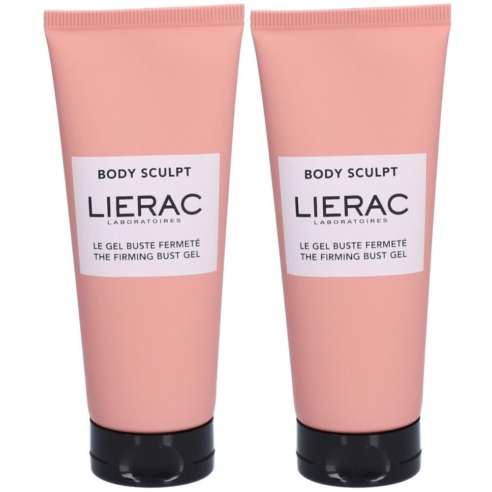 Deux tubes roses avec bouchons noirs. Inscription: BODY SCULPT, LIERAC, LE GEL BUSTE FERMETÉ, THE FIRMING BUST GEL.