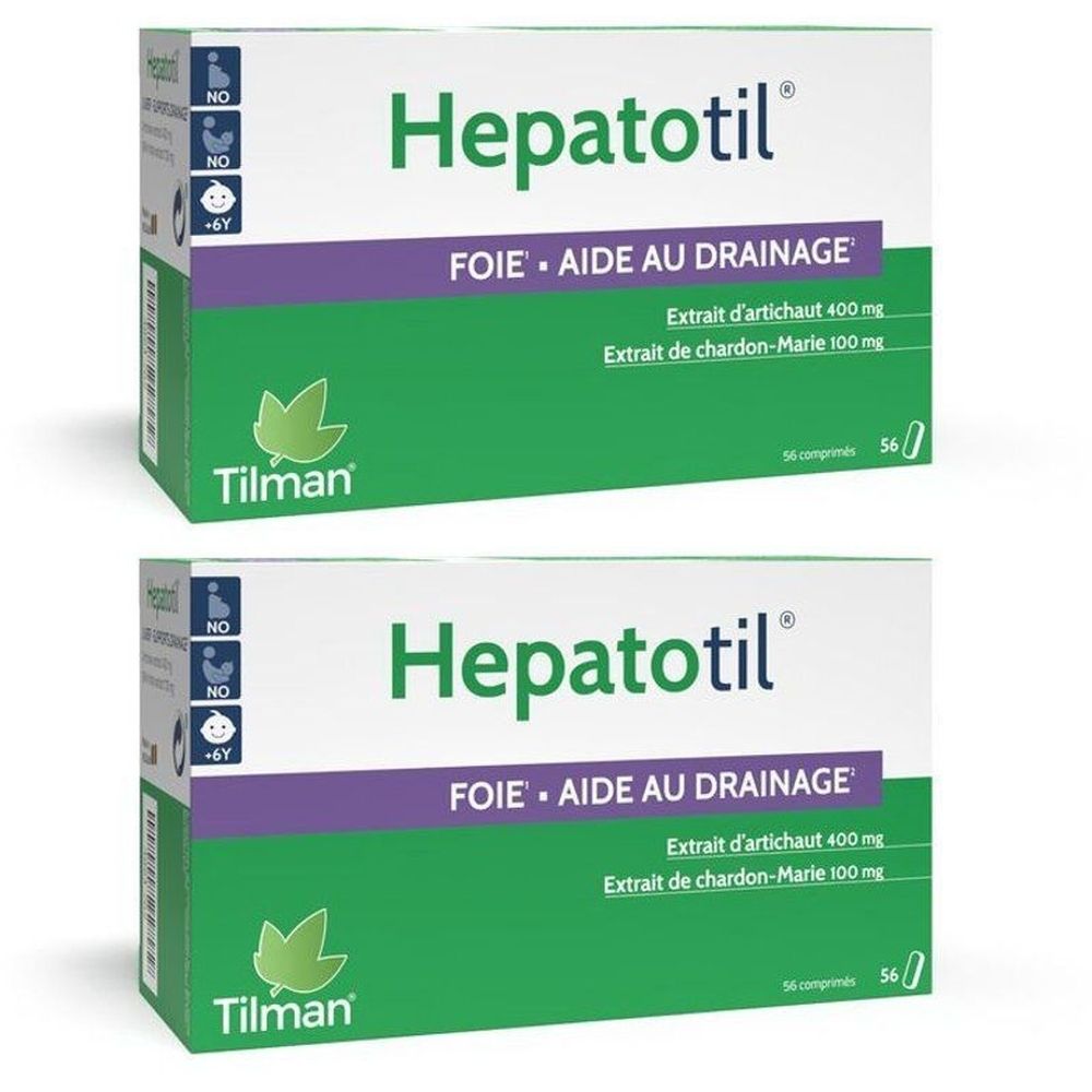 Deux boîtes de Hepatotil. Emballage blanc avec bande verte et nom du produit. Contient de l'extrait d'artichaut et du chardon-Marie.