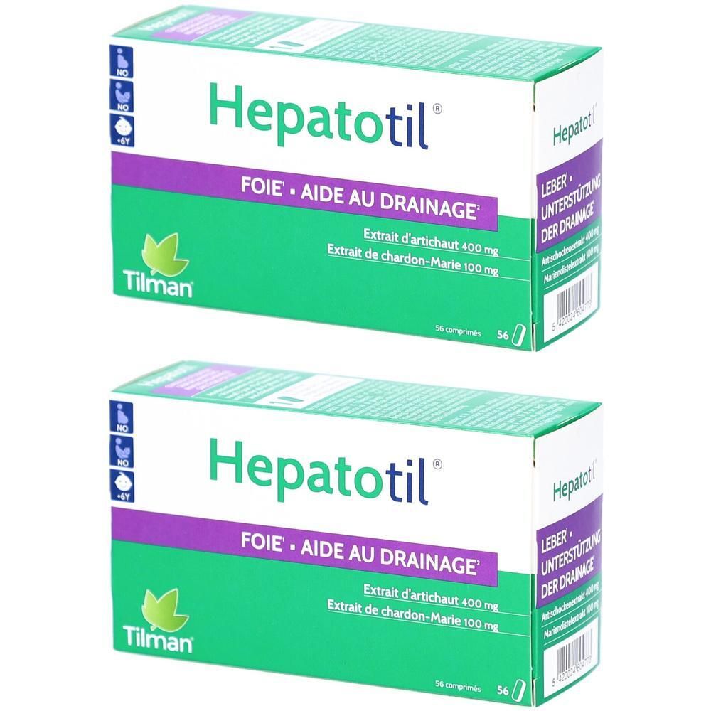 Deux boîtes de Hepatotil. Emballage blanc avec bande verte et nom du produit. Contient de l'extrait d'artichaut et du chardon-Marie.