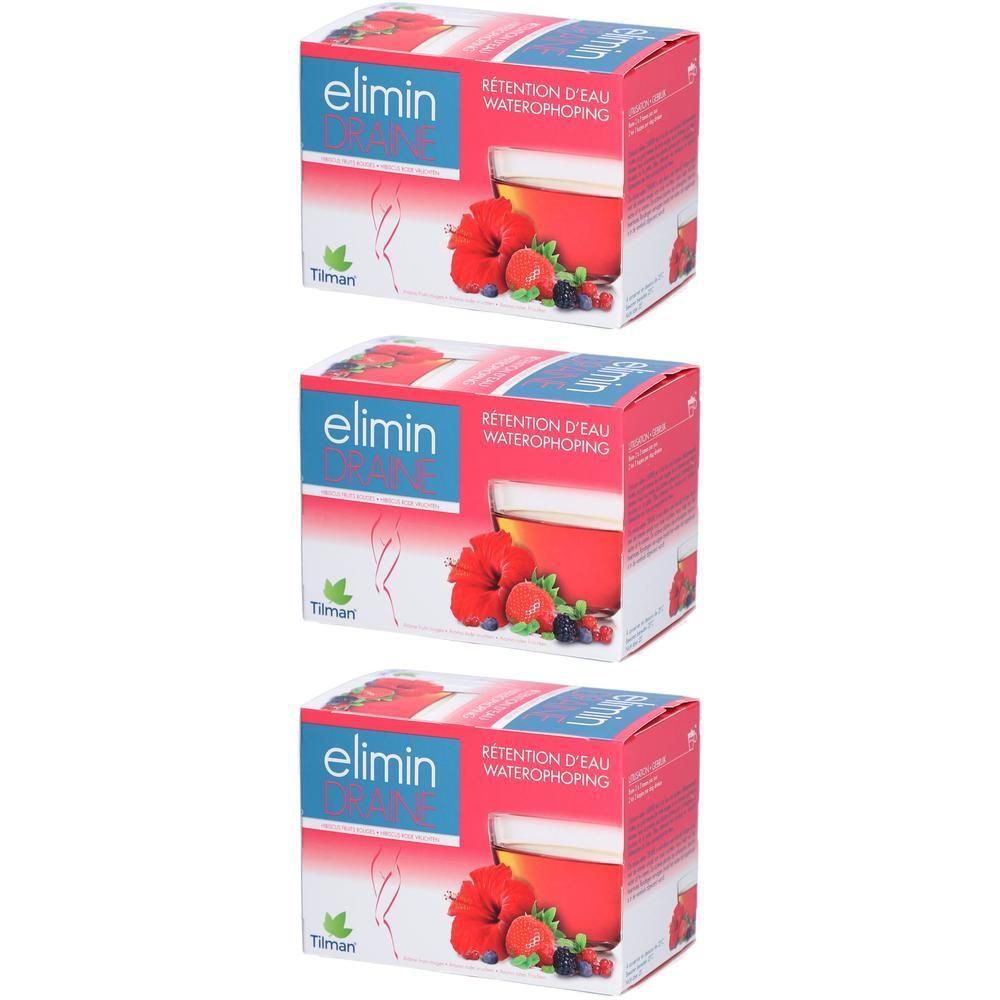 Trois boîtes Elimin Draine Tisane. Emballage rouge et bleu, illustration du produit et texte.