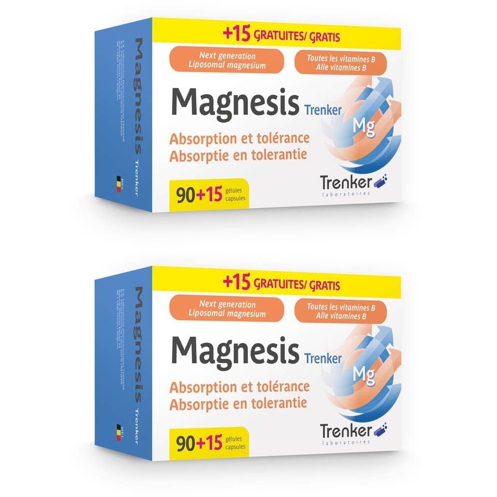 Deux boîtes de Magnesis. Emballage bleu et orange avec nom du produit et symbole Mg. Contient 90+15 gélules.