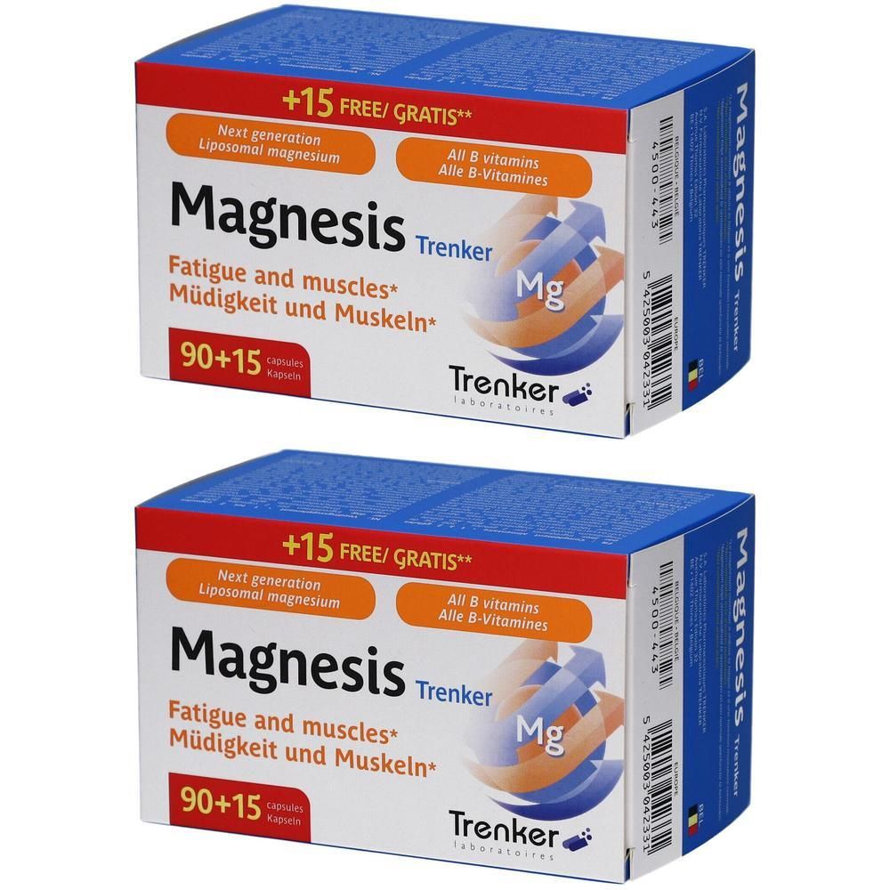 Deux boîtes de Magnesis. Emballage bleu et rouge avec nom du produit et symbole Mg. Contient 90+15 gélules.