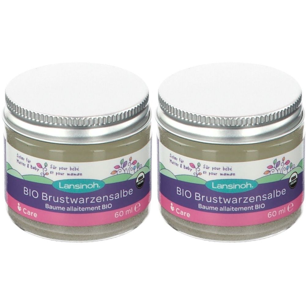 Deux pots de pommade BIO pour mamelons avec couvercles. Étiquette avec texte et logo. 60 ml.