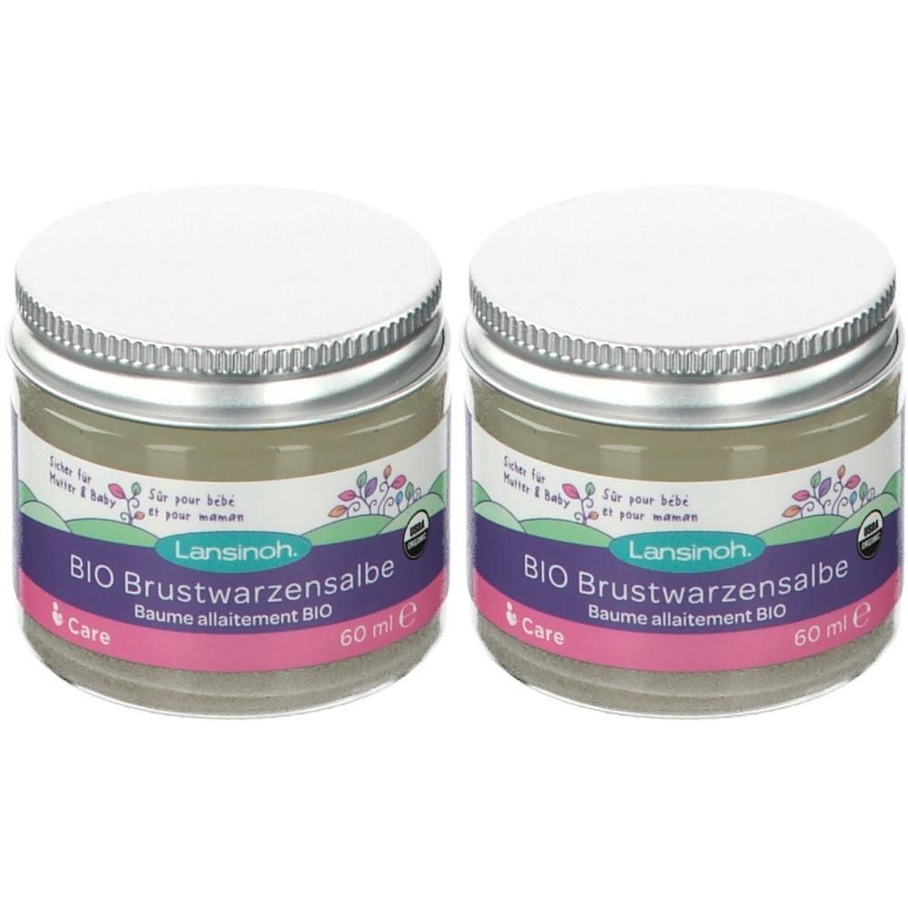 Deux pots de pommade BIO pour mamelons avec couvercles. Étiquette avec texte et logo. 60 ml.