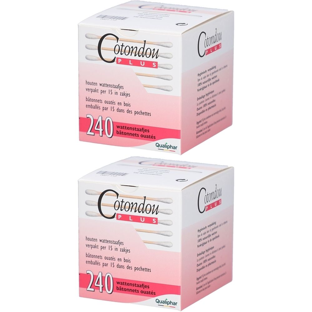 Deux boîtes Cotondou Plus. Inscription: 240 bâtonnets ouatés, bâtonnets en bois. Accent rose. Logo Qualiphar.