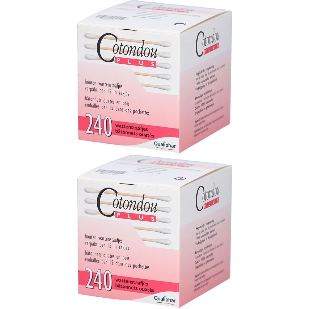 Deux boîtes Cotondou Plus. Inscription: 240 bâtonnets ouatés, bâtonnets en bois. Accent rose. Logo Qualiphar.