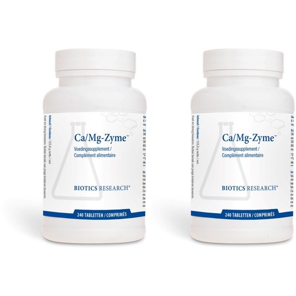 Deux flacons blancs avec étiquette Ca/Mg-Zyme. Inscription : 240 comprimés. Logo Biotics Research. Fond blanc.