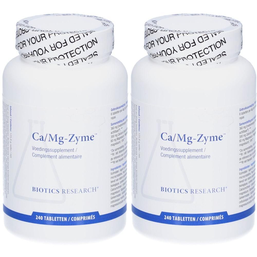 Deux flacons blancs avec étiquette Ca/Mg-Zyme. Inscription : 240 comprimés. Logo Biotics Research. Bouchon avec inscription.