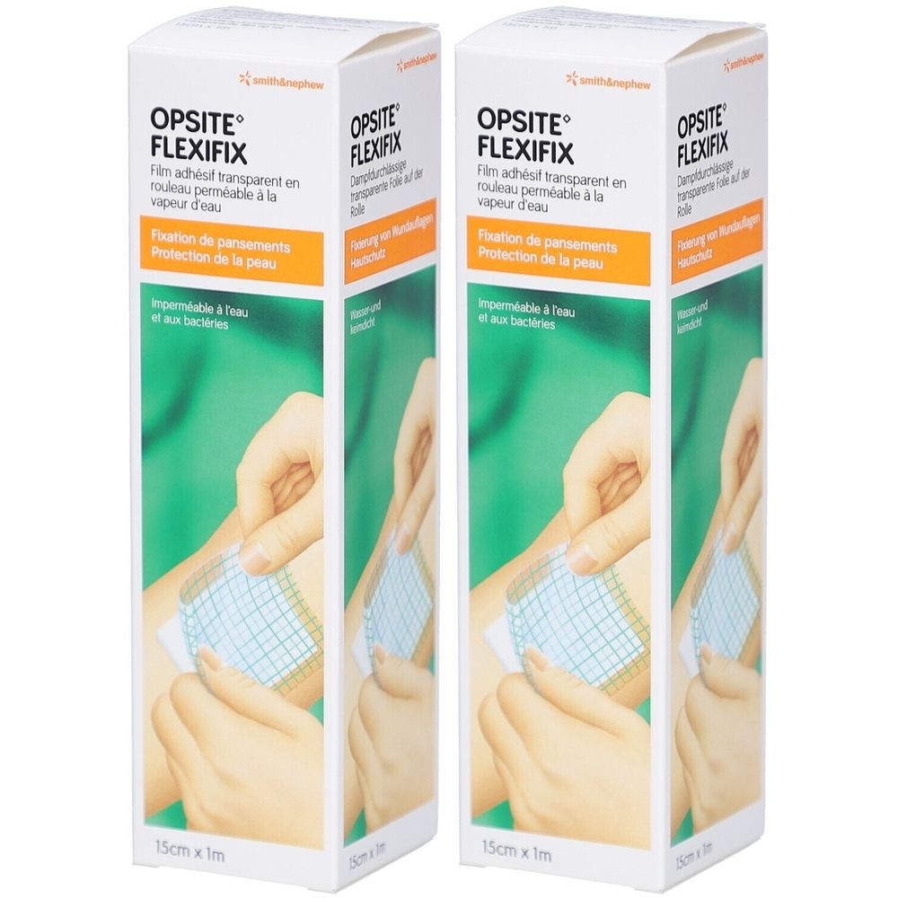 Deux boîtes Opsite Flexifix. Inscription: Film adhésif transparent, Fixation de pansements, 15cm x 1m. Application montrée.