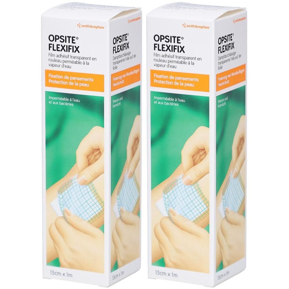 Deux boîtes Opsite Flexifix. Inscription: Film adhésif transparent, Fixation de pansements, 15cm x 1m. Application montrée.