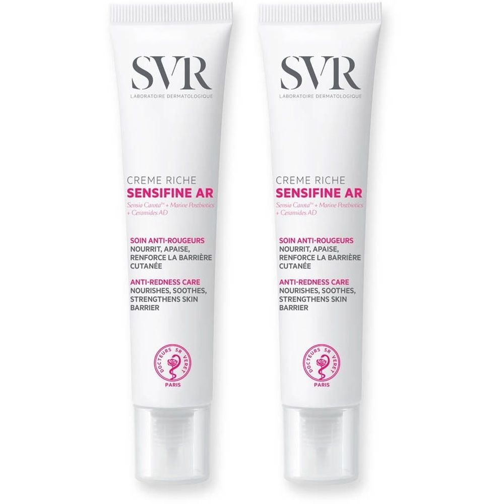 Deux tubes de SVR Sensifine AR Crème Riche. Tubes blancs avec texte rose et noir. Inscriptions françaises.