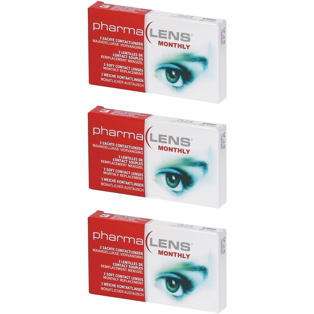 Trois boîtes de lentilles de contact Pharma Lens Monthly. Chaque boîte affiche un œil et contient 3 lentilles souples.