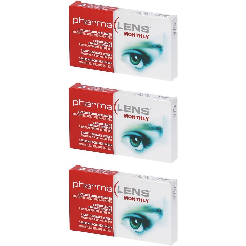 Trois boîtes de lentilles de contact PharmaLens Monthly. Chaque boîte affiche un œil et des informations.