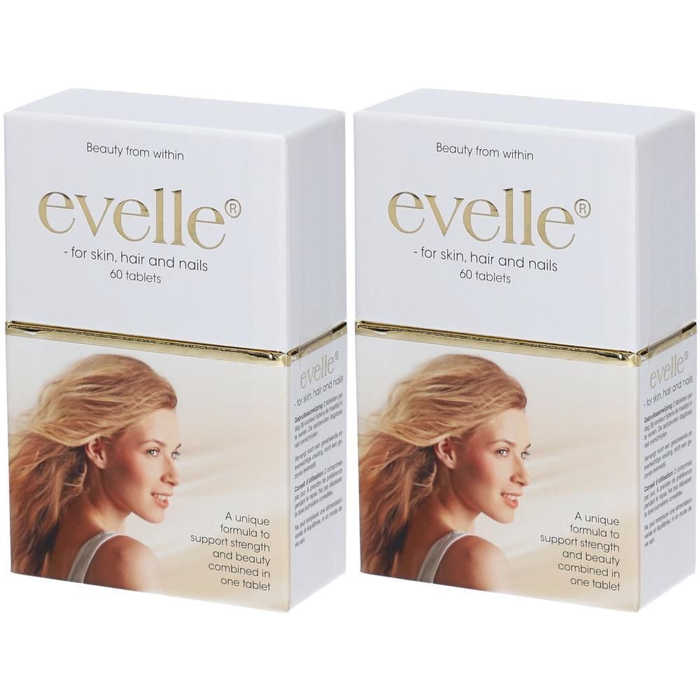Deux boîtes blanches avec le texte doré "evelle" et le portrait d'une femme. Texte : "for skin, hair and nails".