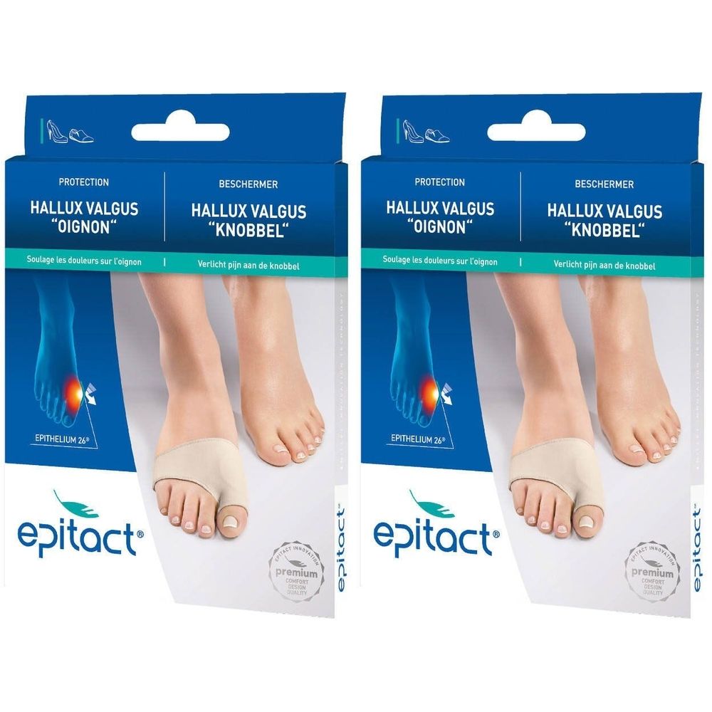 Deux boîtes de protection Hallux Valgus Epitact®. Bandage beige sur pied, illustration du pied avec point de douleur.