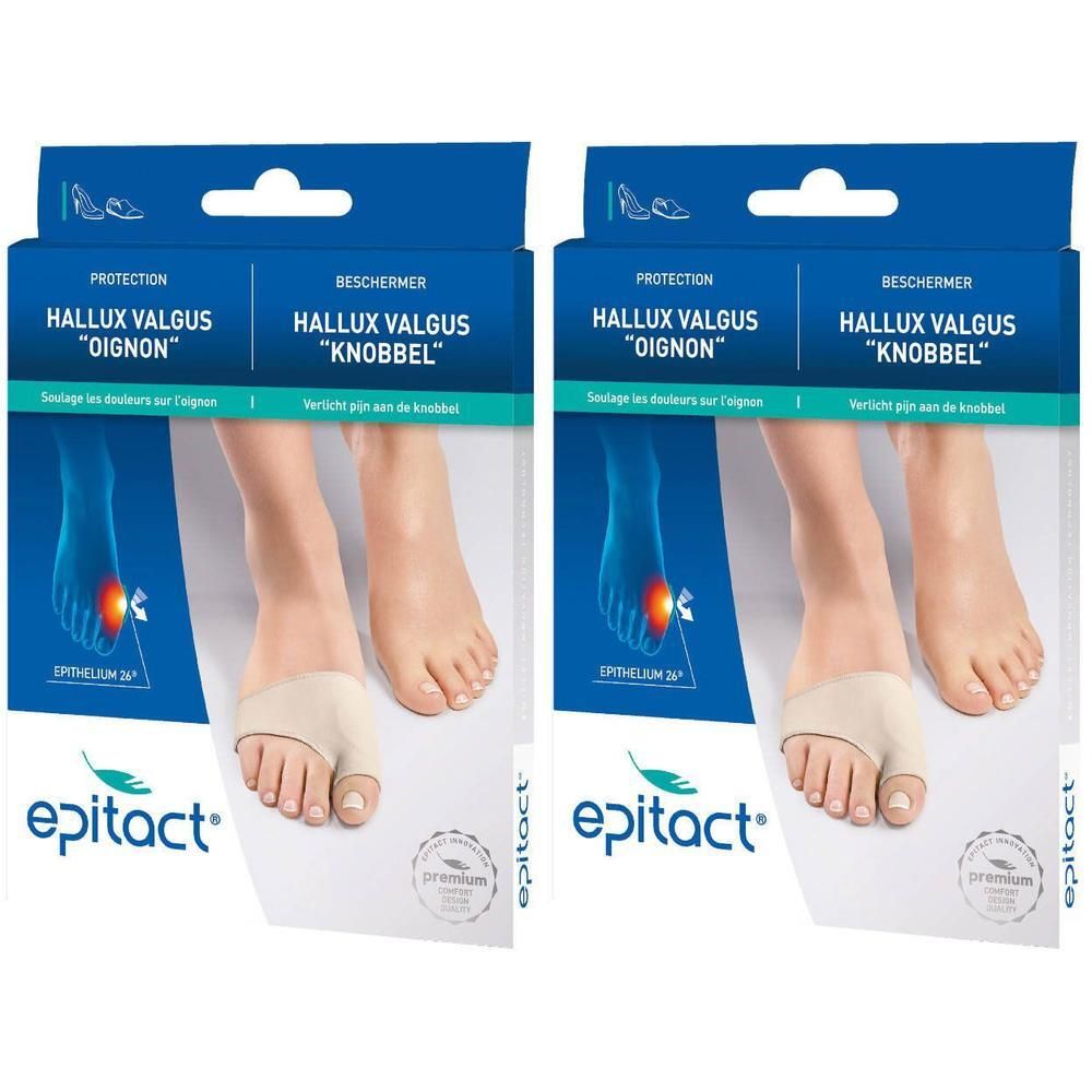 Deux boîtes de protection Hallux Valgus Epitact®. Bandage beige sur pied, illustration du pied avec point de douleur.