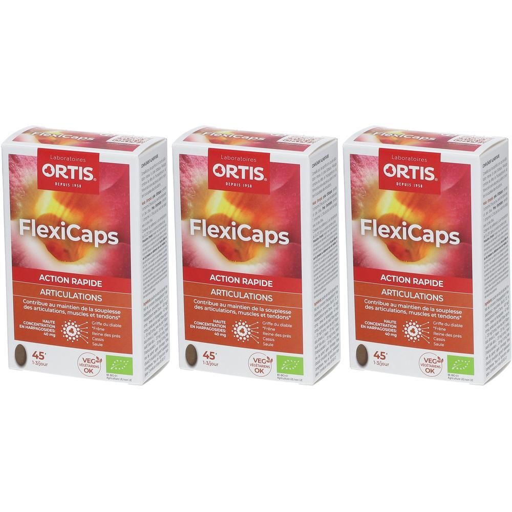 Trois boîtes Ortis FlexiCaps. Emballage rouge et blanc avec nom et logo du produit. 45 gélules, vegan.