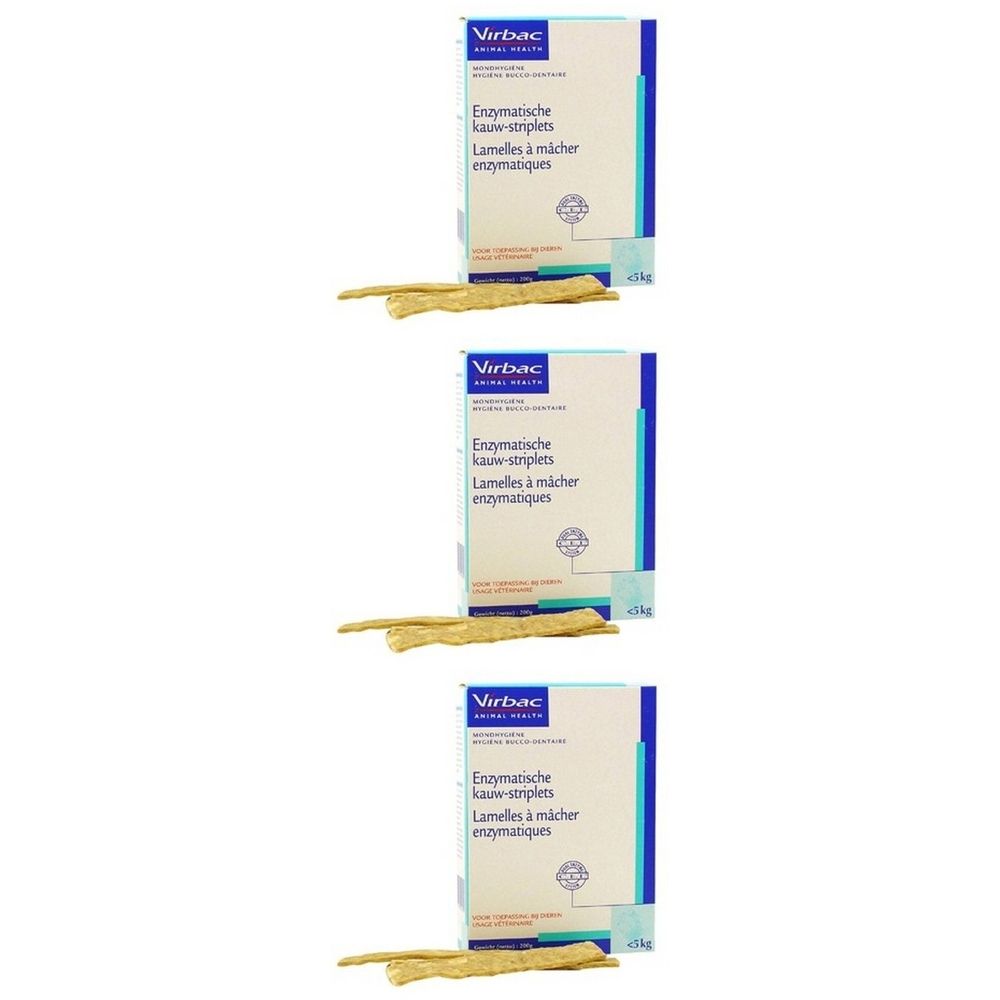 Trois boîtes de Virbac Enzymatische kau-striplets. Chaque boîte contient Lamelles à mâcher enzymatiques. Des lamelles sont en dessous.