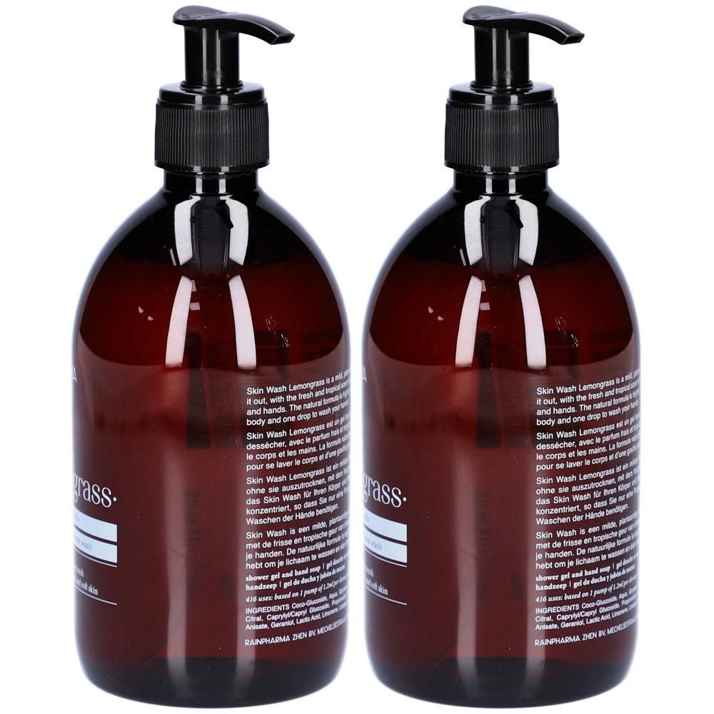 Deux flacons bruns avec pompe noire. Inscription : Skin Wash Lemongrass.