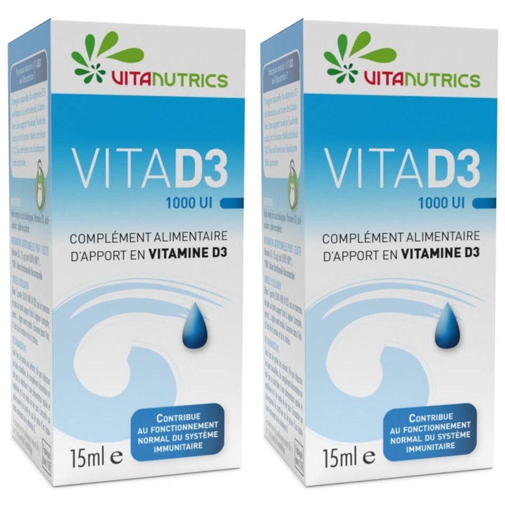 Deux boîtes de Vitanutrics Vita D3 1000UI. Emballage bleu et blanc avec nom du produit et illustration de goutte. 15ml.