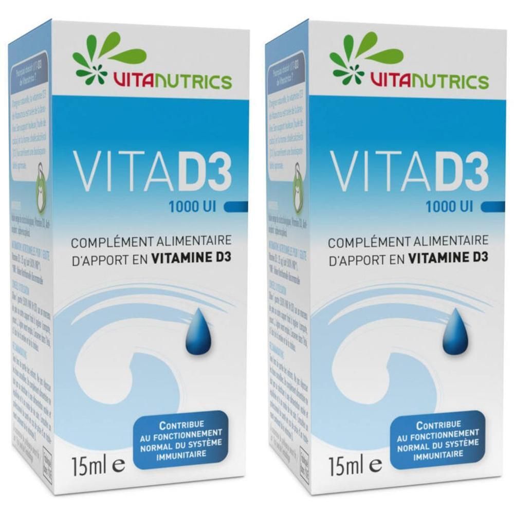 Deux boîtes de Vitanutrics Vita D3 1000UI. Emballage bleu et blanc avec nom du produit et illustration de goutte. 15ml.