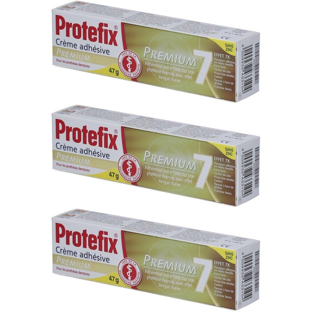 Trois tubes de crème adhésive Protefix® PREMIUM. Tubes blancs avec texte rouge et jaune. Inscription: PREMIUM 7, 47g.