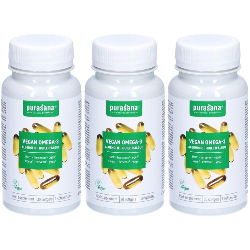 Trois flacons Purasana Vegan Omega-3, 30 softgels chacun.