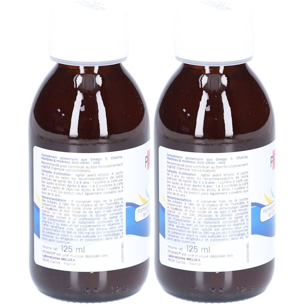 Deux flacons bruns avec bouchons blancs. Étiquettes avec texte. Inscription : 125 ml.