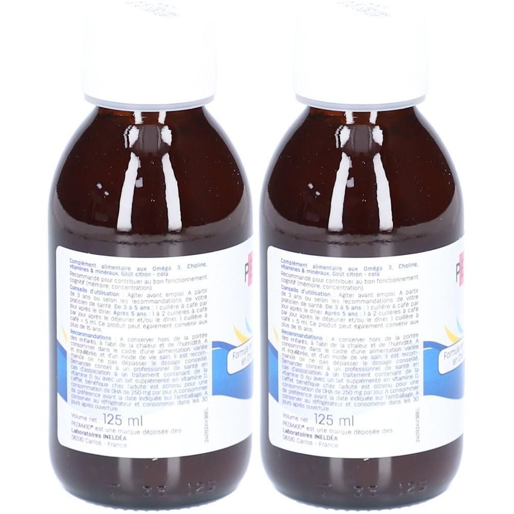 Deux flacons bruns avec bouchon blanc. Étiquettes avec texte et logo. Inscription : 125 ml.
