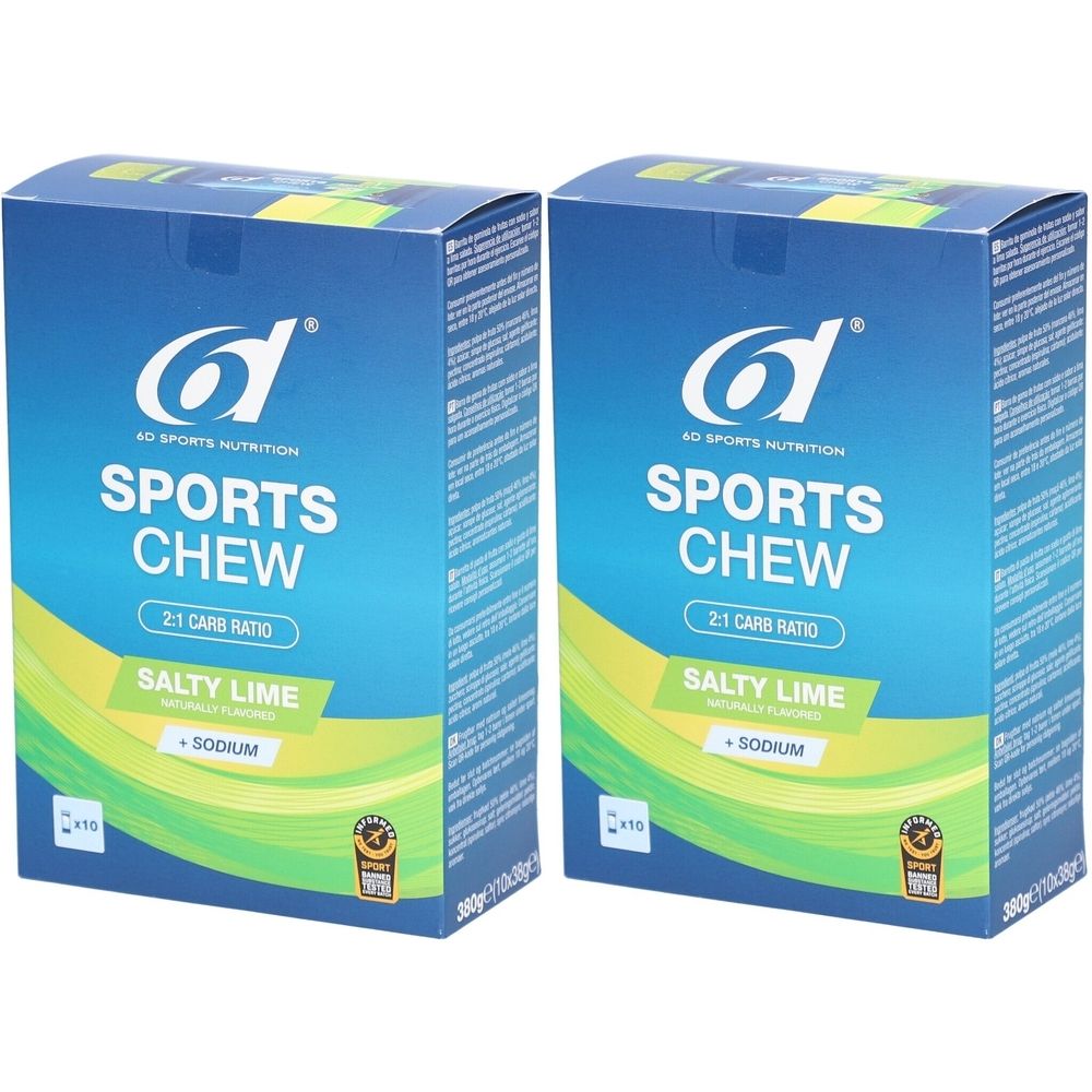 Deux boîtes de 6D Sports Nutrition Sports Chew. Inscription : Sports Chew, Salty Lime, 2:1 Carb Ratio, Sodium. Fond bleu.
