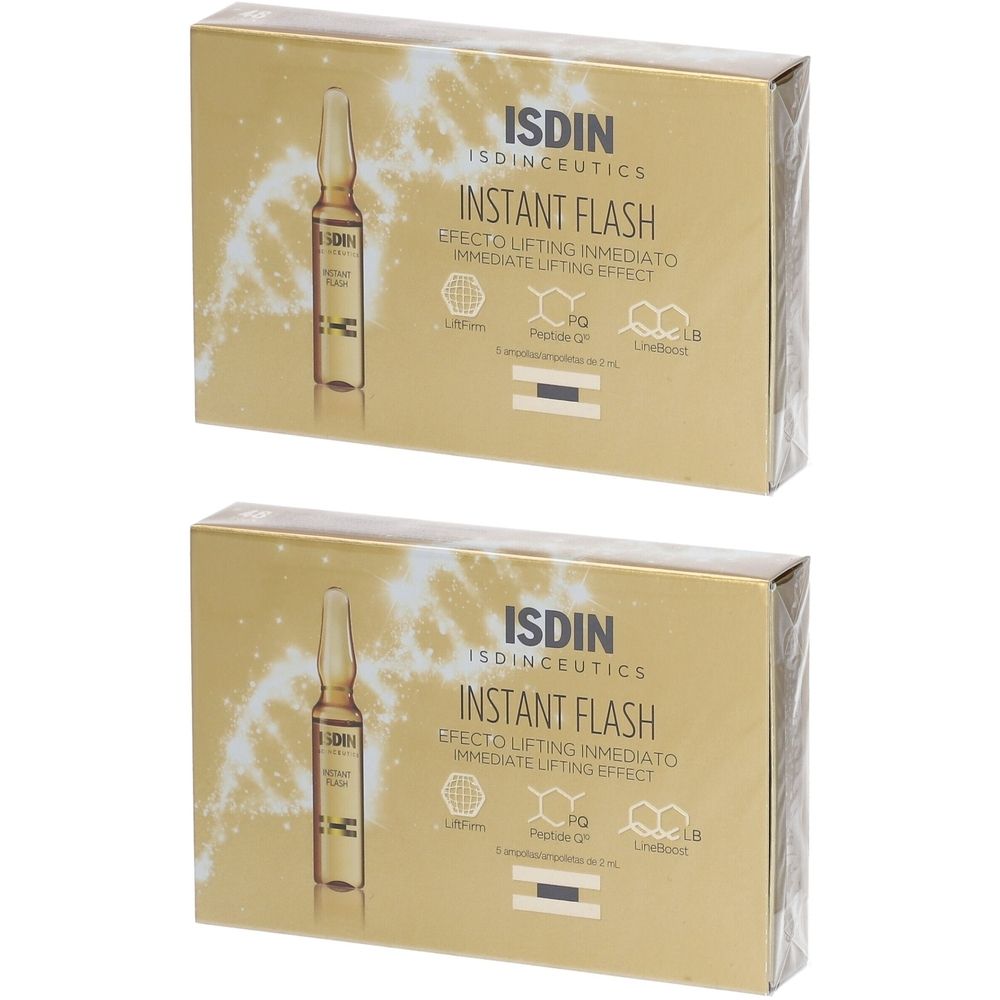 Deux boîtes dorées avec nom du produit et ampoule. Inscription: ISDIN, Instant Flash, effet lifting immédiat.
