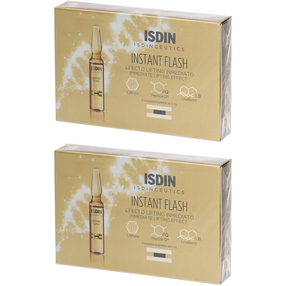 Deux boîtes dorées avec image du produit et texte ISDINCEUTICS Instant Flash. Ampoule représentée.