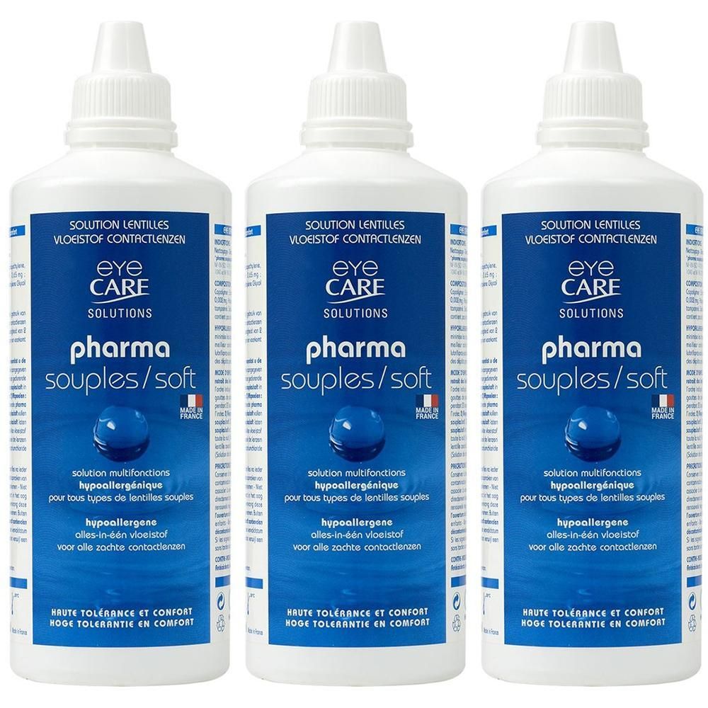 Trois flacons de solution pour lentilles. Récipient blanc avec étiquette bleue. Texte: Eye Care Solutions, Pharma souples/soft. Drapeau français.
