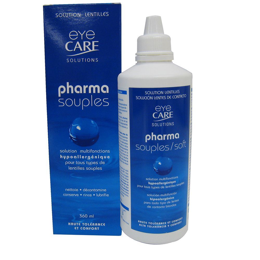 Une bouteille et une boîte de solution pour lentilles. Récipient blanc avec étiquette bleue. Texte: Eye Care Solutions, Pharma souples/soft. 360 ml.