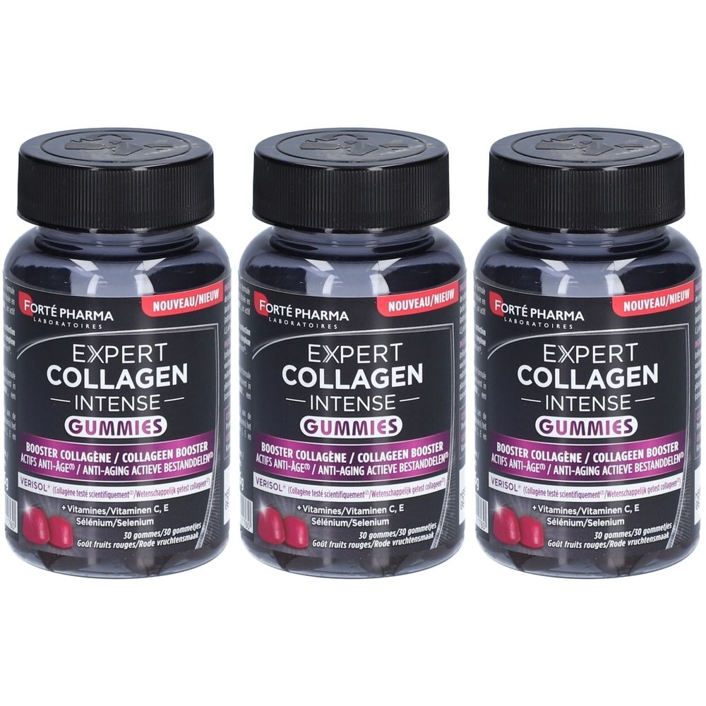 Trois flacons avec des couvercles noirs. Les étiquettes indiquent "Expert Collagen Intense Gummies" de Forté Pharma. Gummies rouges visibles.