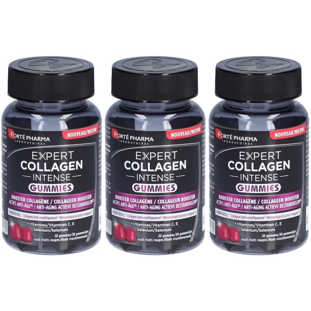 Trois flacons de FORTE PHARMA Expert Collagen Gummies. Bouchons noirs, étiquettes avec texte. Gummies rouges visibles.