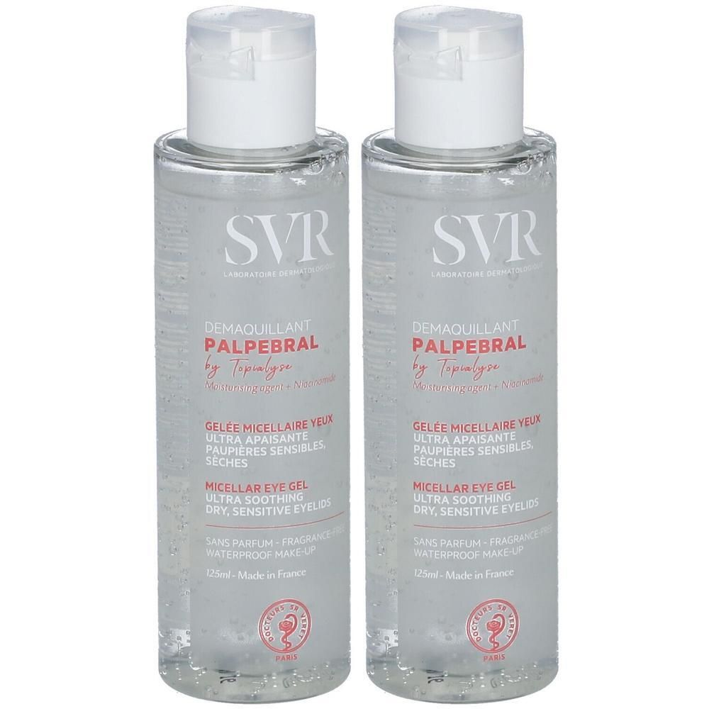 Deux flacons de démaquillant pour les yeux. Gel transparent dans des flacons transparents avec bouchons blancs. Logo SVR et nom du produit visibles.
