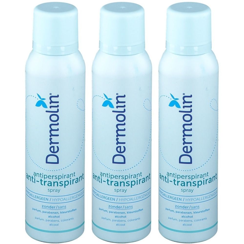 Trois flacons spray blancs avec bouchons bleus. Inscription: Dermolin, anti-transpirant spray. Hypoallergénique.