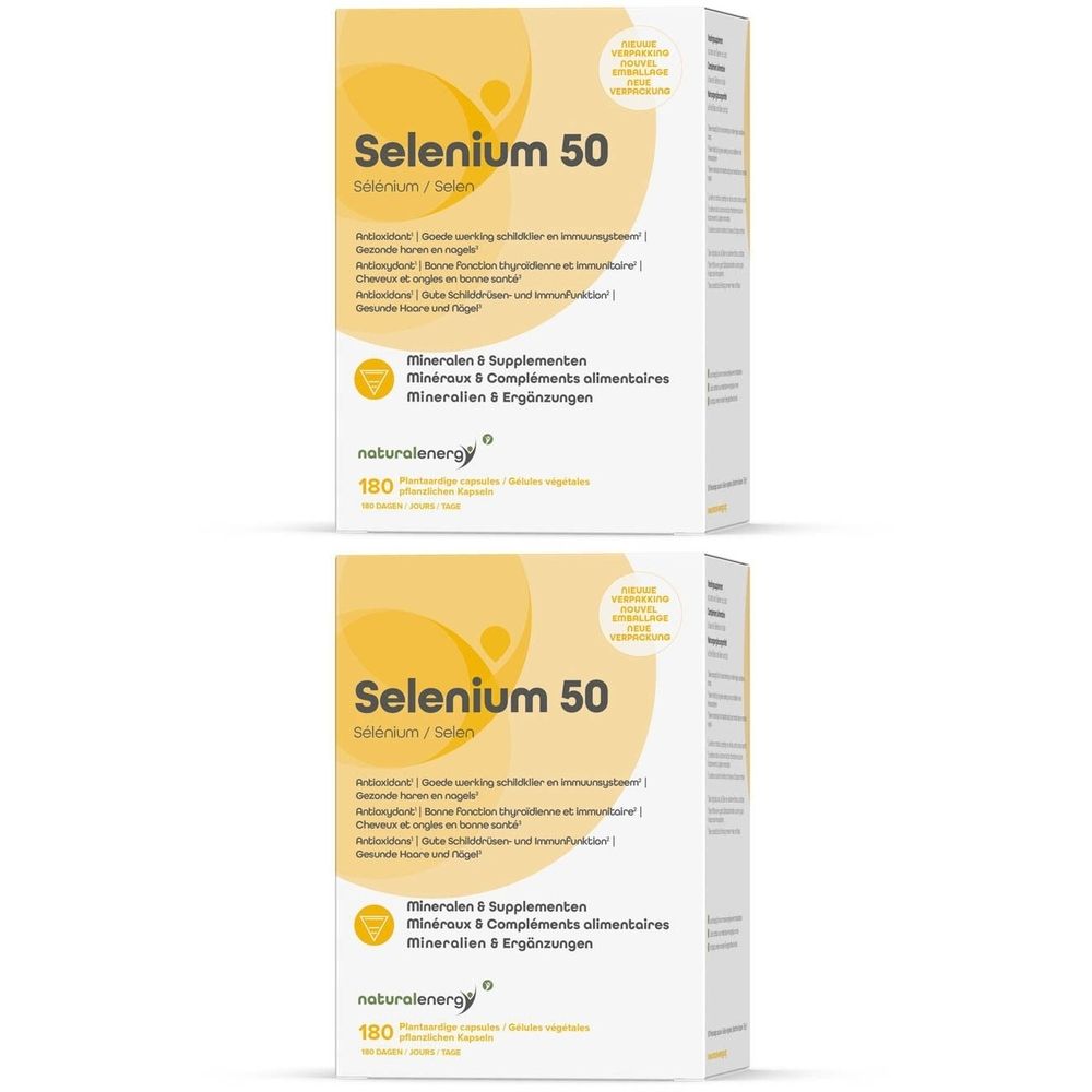 Deux boîtes blanches avec des accents jaunes. Inscription : Selenium 50, naturalenergy. Minéraux & Compléments alimentaires. 180 gélules.