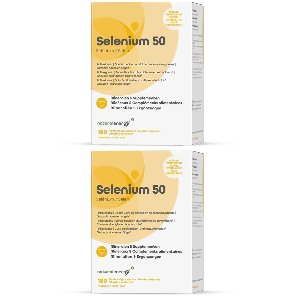 Deux boîtes de "Natural Energy Selenium 50" compléments alimentaires. Boîtes blanches avec cercles jaunes et informations produit.