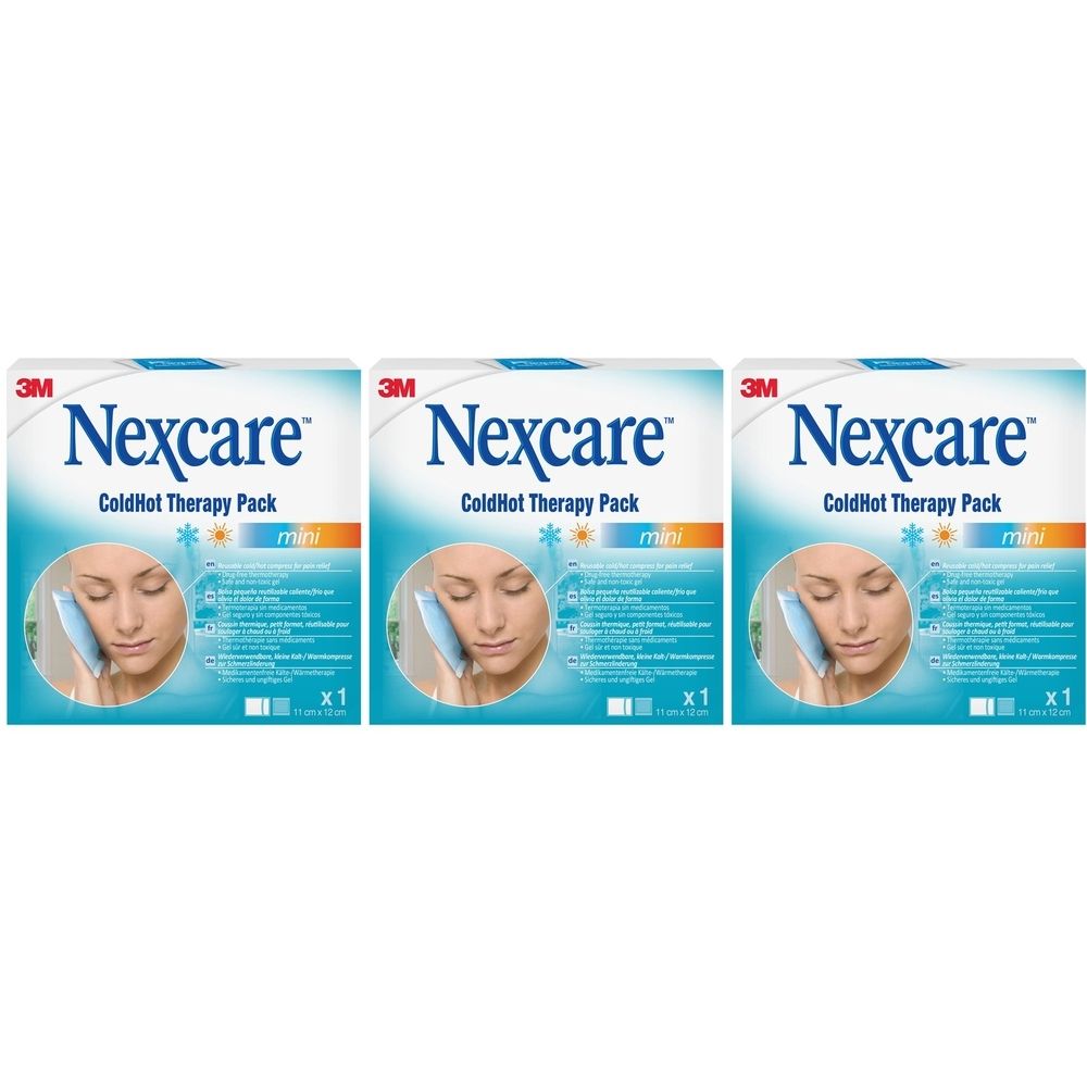 Trois boîtes de Nexcare ColdHot Therapy Pack Mini. Chaque boîte montre une femme utilisant le produit. Inscriptions : 3M, Nexcare, ColdHot Therapy Pack.
