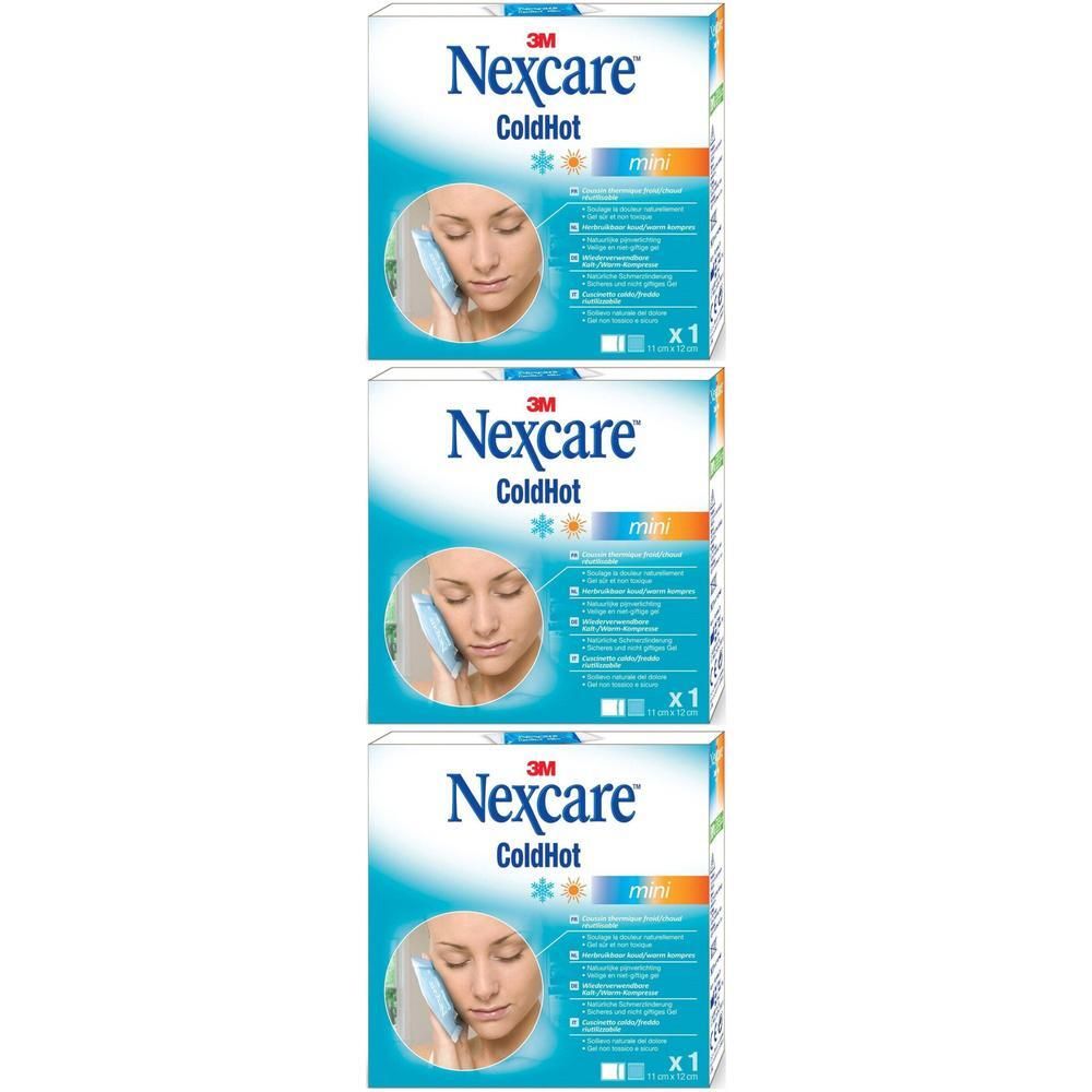 Trois boîtes Nexcare ColdHot Therapy Pack mini. Emballage blanc avec image du produit et logo.