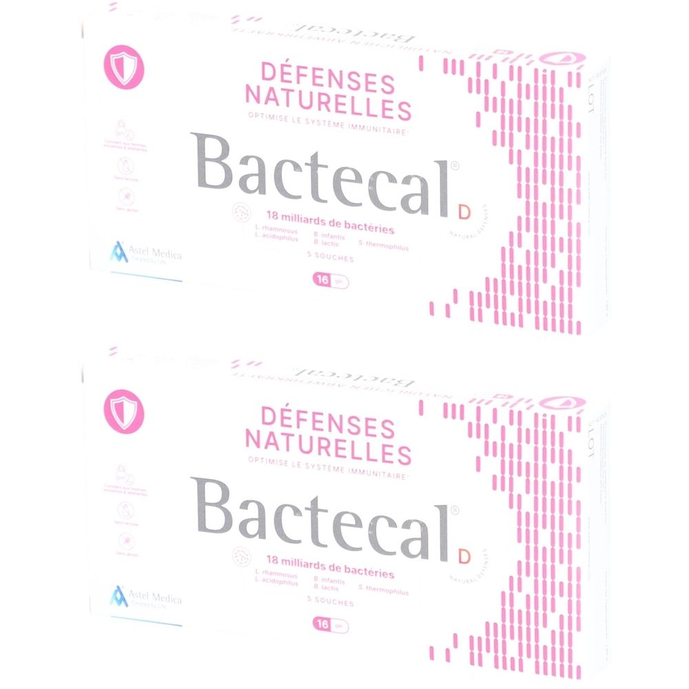 Deux boîtes de Bactecal D. Emballage blanc avec accents roses et texte. Visible : "Défenses Naturelles" et "18 milliards de bactéries".