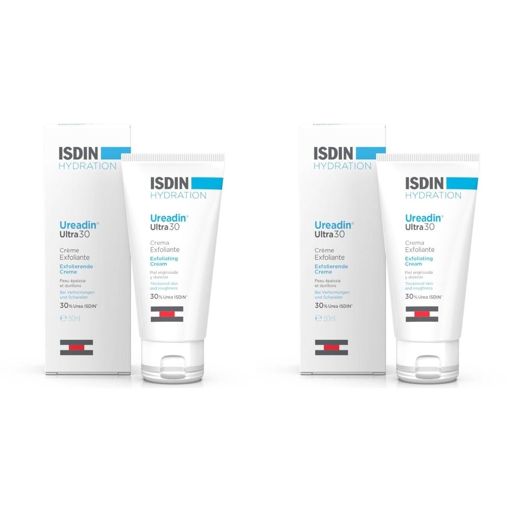 Deux tubes et boîtes. Inscription: ISDIN Hydration, Ureadin Ultra 30, Crème Exfoliante. Emballage bleu et blanc.