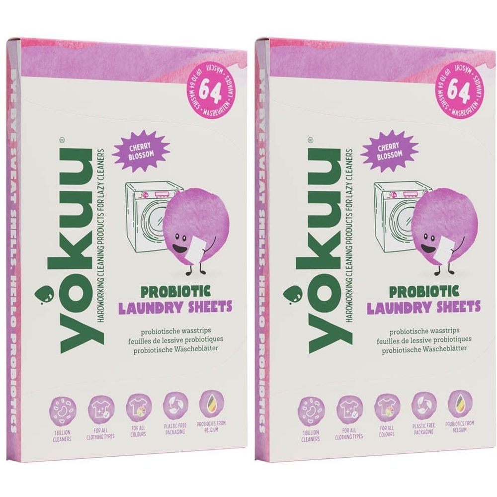 Deux boîtes rectangulaires avec le logo YOKUU et l'inscription 'PROBIOTIC LAUNDRY SHEETS'. Motif fleur de cerisier et '64' sur l'emballage.