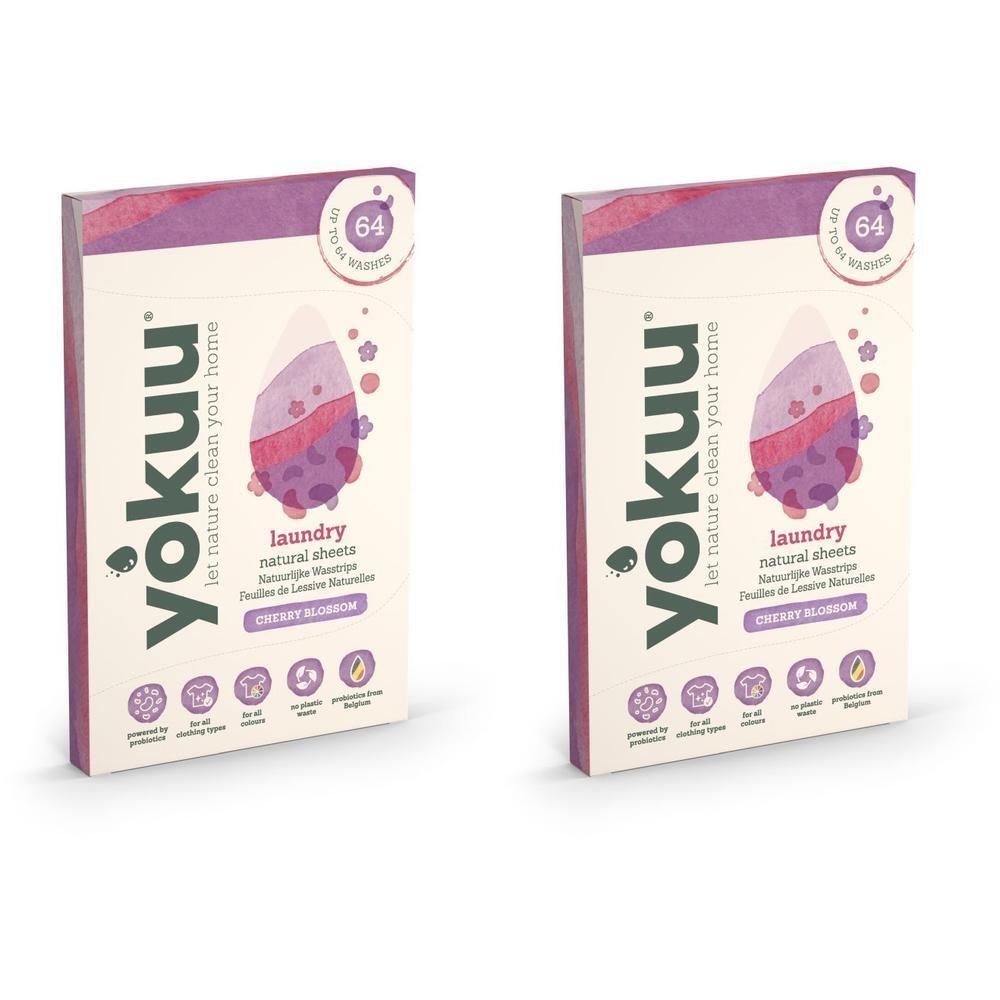 Deux boîtes de feuilles de lessive YOKUU®. Emballage blanc et violet. Texte : "laundry natural sheets Cherry Blossom".